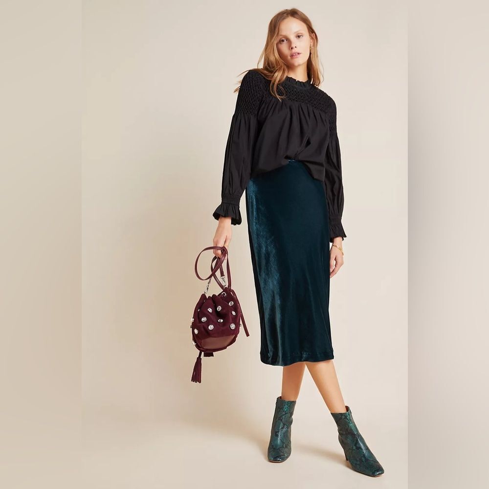 Anthropologie Maeve Kelly Velvet Pull On Midi Skirt in Turquoise M NWOT